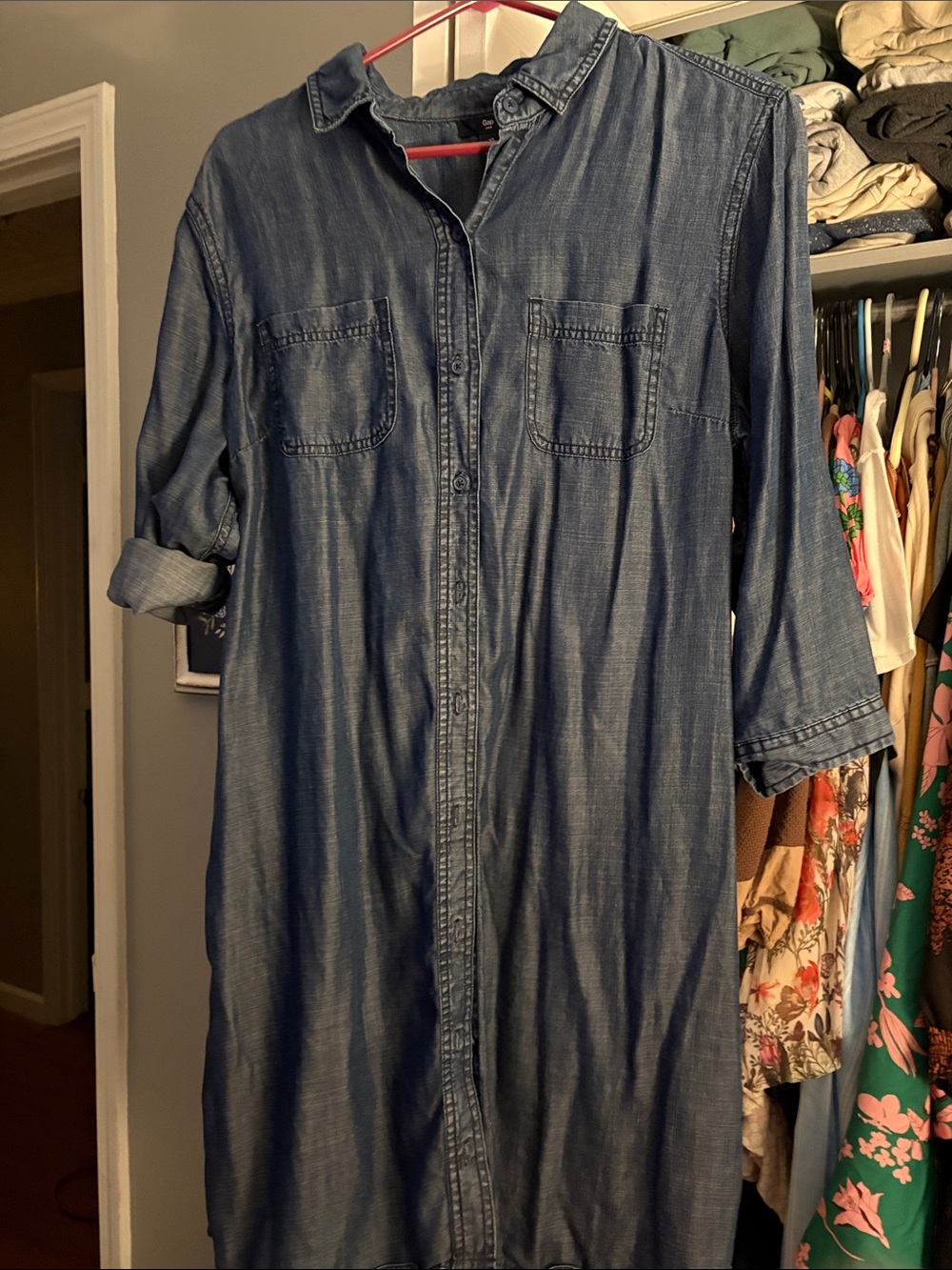 GAP women’s knee length dress Denim-Style Long Button-Down - Blue size large